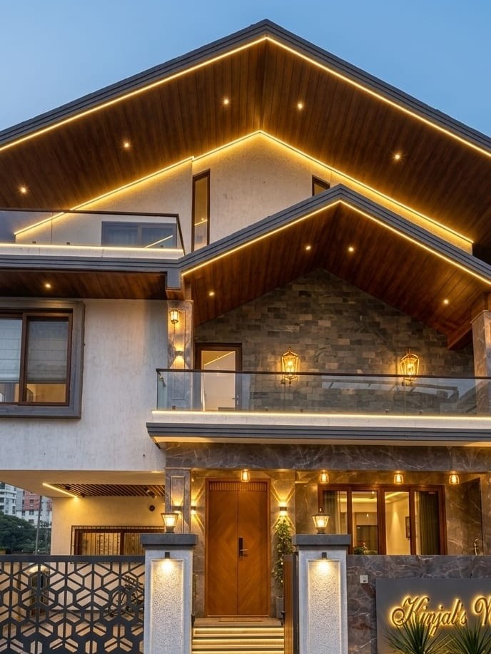 Bungalow Cove Lighting and Timber Soffit Detail in Pune
